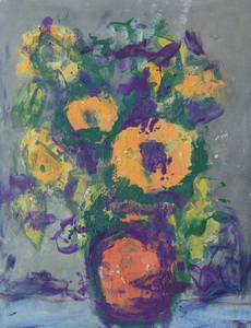 Werkverzeichnis Nr. 1732, um 1995, Sonnenblumen mit violetter Übermalung, Acryl auf Karton, 48,5 x 37,6 cm