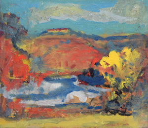 Werkverzeichnis Nr. 1721, um 1995, Gewässer in hügeliger Landschaft, Acryl/Öl auf Karton, 49,2 x 56,0 cm