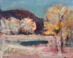 Werkverzeichnis Nr. 1723, um 1995, Hügelige Landschaft mit Bäumen an einem Teich, Acryl auf Hartfaser, 56,2 x 71,0 cm