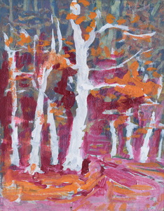 Werkverzeichnis Nr. 1724, um 1995, Abendlicher Wald, Acryl auf Hartfaser, 71,2 x 55,7 cm