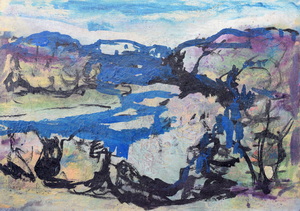 Werkverzeichnis Nr. 1704, um 1994, Dachauer Moos mit Hütte, Acryl/Öl auf Karton, 38,2 x 53,2 cm