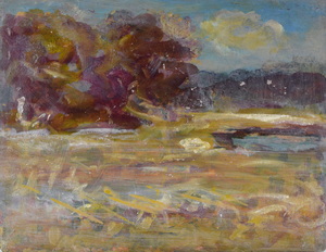 Werkverzeichnis Nr. 1710, um 1995, Mooslandschaft mit Teich und Bäumen,  Öl auf Karton, 36,7 x 46,5 cm