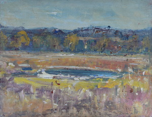 Werkverzeichnis Nr. 1712, um 1995, Mooslandschaft mit Gewässer und Wald,  Öl auf Karton, 37,7 x 48,2 cm