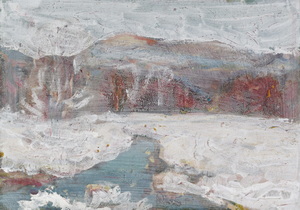Werkverzeichnis Nr. 1726, um 1995, Winterliche Mooslandschaft mit Bach, Hügel im Hintergrund, Acryl, Öl auf Karton, 38,2 x 52,8 cm