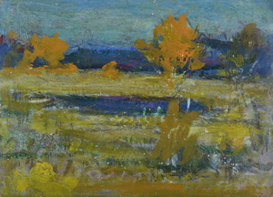 Werkverzeichnis Nr. 1711, um 1995, Mooslandschaft mit Teich, Bäumen und Bergen  Öl auf Karton, 38,30 x 52,8 cm