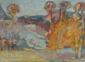 Werkverzeichnis Nr. 1700, um 1995, Blick auf die Isar, Acryl, Öl auf Karton, 38,3 x 52,9 cm