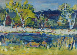 Werkverzeichnis Nr. 1707, um 1995, Gewässer mit Bäumen,  Acryl, Öl auf Karton, 38,3 x 53,1 cm
