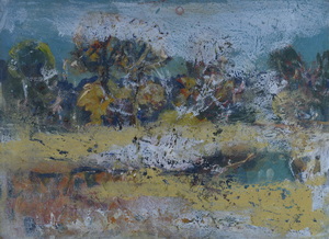Werkverzeichnis Nr. 1706, um 1995, Gewässer mit Bäumen, teilweise weiß übermalt,  Acryl, Öl auf Karton, 38,5 x 52,5 cm