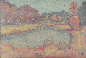 Werkverzeichnis Nr. 1708, um 1995, Mooslandschaft mit zwei Teichen und Bäumen, weiß übermalt, Öl auf Karton, 39,4 x 57,8 cm