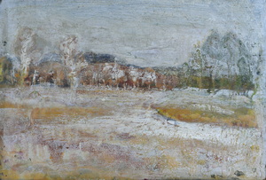 Werkverzeichnis Nr. 1709, um 1995, Mooslandschaft mit Bäumen, teilweise weiß übermalt, Acryl, Öl auf Karton, 39,8 x 59,5 cm