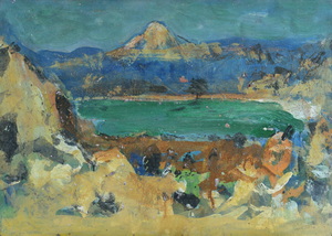 Werkverzeichnis Nr. 1719, um 1995, Alpensee, Öl auf Karton, 40,0 x 57,3 cm