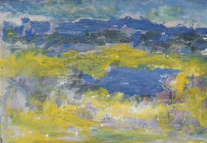 Werkverzeichnis Nr. 1716, um 1995, Innere Landschaft, Wiesen, See, Berge, Acryl, Öl auf Karton, 40,3 x 57,8 cm