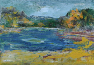 Werkverzeichnis Nr. 1713, um 1995, See mit Herzogstand und Heimgarten, Öl auf Karton, 41,3 x 57,3 cm