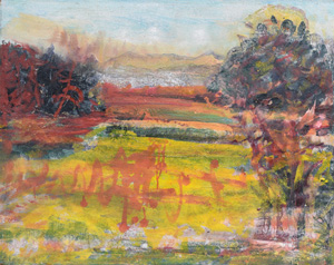 Werkverzeichnis Nr. 1722, um 1995, Hügelige Landschaft mit Bäumen an einem Teich, Acryl auf Hartfaser, 56,8 x 71,0 cm