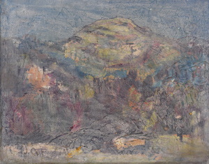 Werkverzeichnis Nr. 1728, um 1995, Berg mit Bäumen, mit weißem Schleier übermalt, Acryl, Öl auf Hartfaser, 56,8 x 71,3 cm