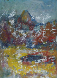 Werkverzeichnis Nr. 1729, um 1995, Berg mit einem kleinen See, teilweise weiß übermalt, Acryl, Öl auf Karton, 57,2 x 40,8 cm