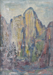 Werkverzeichnis Nr. 1730, um 1995, Ansicht eines Berges, teilweise weiß übermalt, Acryl, Öl auf Karton, 79,8 x 56,9 cm