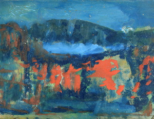 Werkverzeichnis Nr. 1733, um 1996, Benediktenwand in Blau mit roten Bäumen, Acryl/Öl auf Karton, 30,1 x 38,8 cm