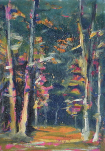 Werkverzeichnis Nr. 1756, um 1996,  Bäume am Waldrand, Öl auf Karton, 55,8 x 38,5 cm