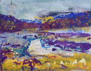 Werkverzeichnis Nr. 1745, um 1996, Isarlandschaft,  Acryl/Mischtechnik auf Hartfaser, 56,3 x 71,0 cm
