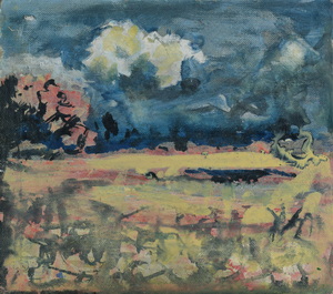 Werkverzeichnis Nr. 1744, um 1996, Feld, Bäume und Gewitterwolken, Acryl/Öl auf Hartfasern, 37,3 x 42,6 cm