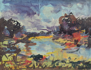 Werkverzeichnis Nr. 1748, um 1996, Isar mit angedeuteten Bergen im Hintergrund, Acryl auf Karton, 37,8 x 49,0 cm