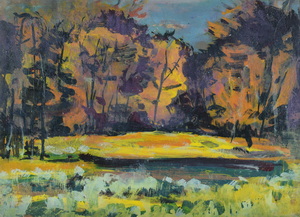 Werkverzeichnis Nr. 1749, um 1996, Bäume an einem Teich, Acryl auf Karton, 38,2 x 53,0 cm