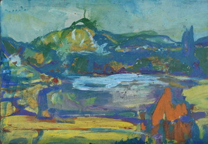 Werkverzeichnis Nr. 1751, um 1996, Berg mit See, blau übermalt, Acryl/Öl auf Karton, 40,1 x 57,8 cm