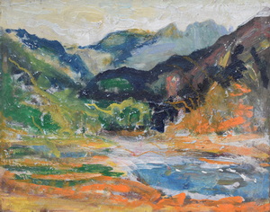 Werkverzeichnis Nr. 1753, um 1996, Berge mit See, teilweise orange übermalt, Acryl auf Hartfaser, 56,5 x 71,0 cm