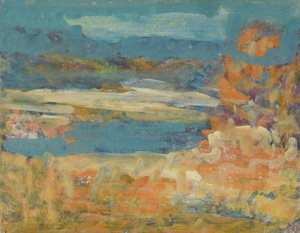 Werkverzeichnis Nr. 1737, um 1996, Innere Landschaft, Gewässer mit Baum, Acryl, Öl auf Karton, 37,5 x 48,4 cm