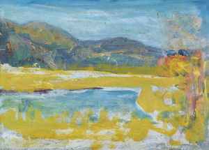 Werkverzeichnis Nr. 1738, um 1996, Innere Landschaft, Gewässer vor hügeliger Landschaft, Öl auf Karton, 38,4 x 52,9 cm