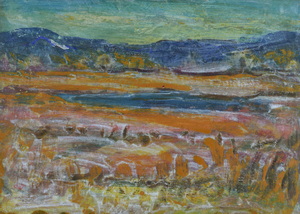 Werkverzeichnis Nr. 1739, um 1996, Voralpensee, teilweise weiß übermalt, Öl auf Karton, 38,4 x 53,0 cm