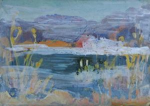 Werkverzeichnis Nr. 1741, um  1996, See mit Schilf, Acryl, Öl auf Karton, 40,2 x 57,0 cm