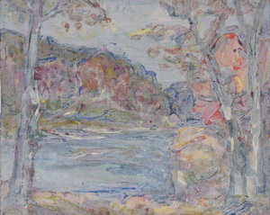 Werkverzeichnis Nr. 1746, um 1996, Isar mit Bäumen, weiß übermalt, Acryl, Öl auf Hartfaser, 56,9 x 69,8 cm