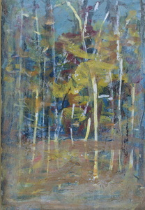Werkverzeichnis Nr. 1757, um 1996, Junge Bäume in einem Wald, Acryl, Öl auf Karton, 57,8 x 40,0 cm