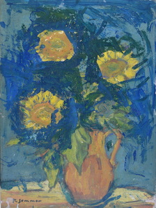 Werkverzeichnis Nr. 1758, um 1996, Drei Sonnenblumen in brauner Vase vor blauer Wand, Öl auf Karton, 59,5 x 44,2 cm
