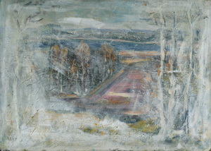Werkverzeichnis Nr. 1760, um 1997, Landschaft, teils weiß übermalt, Mischtechnik auf Karton, 55,7 x 77,7 cm