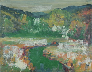 Werkverzeichnis Nr. 1762, um 1997, Gewässer in einem Tal,  Acryl auf Karton, 38,0 x 48,4 cm