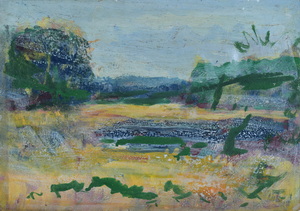 Werkverzeichnis Nr. 1763, um 1997, Kleiner Ostersee mit Bäumen, Herzogstand und Heimgarten, Acryl/Öl auf Karton, 38,0 x 53,3 cm