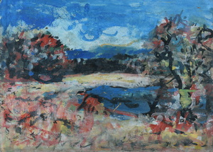 Werkverzeichnis Nr. 1764, um 1997, Weiher mit Bäumen, Acryl auf Karton, 38,3 x 53,1 cm