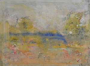 Werkverzeichnis Nr. 1767, um 1997, Innere Landschaft in Weiß, Gelb Rosa und Blau, Acryl auf Karton, 38,5 x 52,7 cm