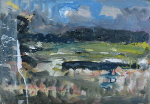 Werkverzeichnis Nr. 1778, um 1997, Mooslanschaft mit Bergen im Hintergrund, Acryl/Öl auf Karton, 40,0 x 57,4 cm