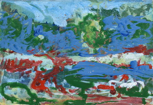 Werkverzeichnis Nr. 1782, um 1997, Innere Landschaft, weiß, blau, rot und grün übermalt, Acryl/Öl auf Karton, 40,0 x 57,5 cm