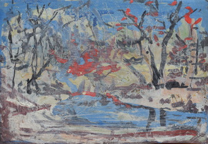 Werkverzeichnis Nr. 1784, um 1997, Winterlandschaft mit Bäumen an einem Weiher, Acryl auf Karton, 40,2 x 58,5 cm