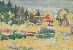 Werkverzeichnis Nr. 1785, um 1997, Gewässer mit Wald, Mischtehnik auf Karton, 40,4 x 57,1 cm