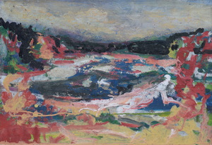 Werkverzeichnis Nr. 1787, um 1997, Isarlandschaft,  Acryl, Öl auf Karton, 40,5 x 58,5 cm