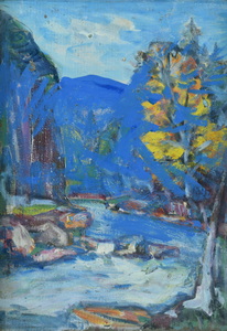 Werkverzeichnis Nr. 1790, um 1997, Fluß im Gebirge, blau übermalt, Acryl, Öl auf Karton, 58,2 x 40,2 cm