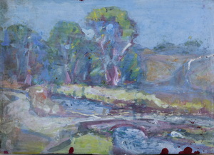 Werkverzeichnis Nr. 1774, um 1997, Bach mit einer Brücke und Bäumen, teilweise weiß übermalt, Acryl, Öl auf Karton, 36,7 x 49,6 cm