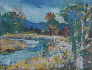 Werkverzeichnis Nr. 1773, um 1997, Bach mit Bäumen, teilweise grün und blau übermalt, Öl auf Karton, 37,2 x 49,8 cm