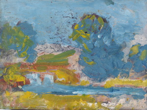 Werkverzeichnis Nr. 1772, um 1997, Gewässer mit Bäumen, teilweise blau und gelb übermalt, Öl auf Karton, 37,8 x 50,6 cm